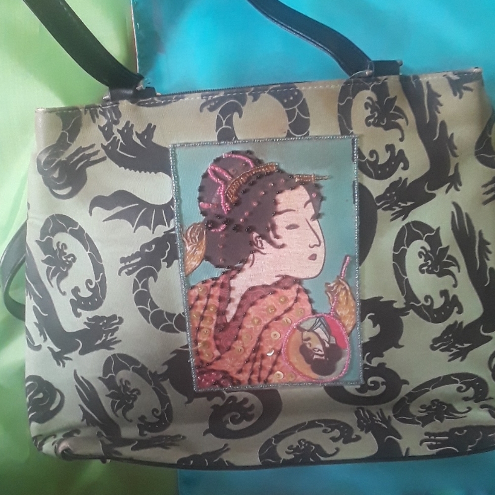 Cloth oriental bag w beaded  dragon Geisha pic